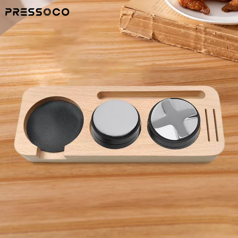 Khay gỗ đựng tamper, OCD, tay pha cà phê Pressoco - Size 58mm - Oat 05