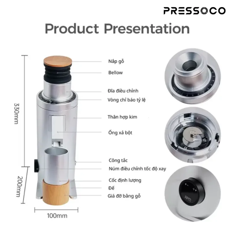 Pressoco DF64V Grinder Red Titan-Burr, 64mm, Single Dose Silver 300W 03